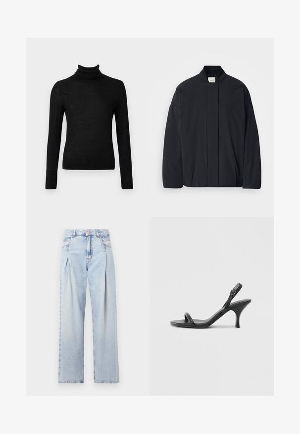 Czarna kurtka z długim rękawem, z ribbanym kołnierzem, ukrytym zapięciem z przodu i subtelną metką marki na dolnym brzegu, leżąca płasko na białym tle.; Czarny sweter z golfem wykonany z miękkiego dzianiny. Dopasowany krój z długimi rękawami oraz prążkowanym dekoltem i dół.; Jasnoniebieskie dżinsy z wysokim stanem, szerokimi nogawkami, dwoma bocznymi kieszeniami oraz plisowanym wzorem. Miękka tekstura z wyblakłym wykończeniem.; Czarne skórzane sandały na wysokim obcasie z cienkim, zakrzywionym obcasem i skrzyżowanym wzorem pasków. Regulowany pasek na kostkę. Gładka faktura.