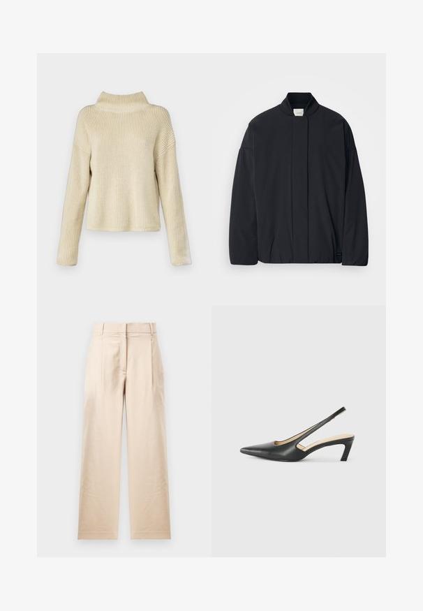 Svart langermet jakke med ribbestrikket krage, skjult frontlukking og subtil merkeetikett på bunnsømmen, lagt flatt på en hvit bakgrunn.; Kremfarget strikkegenser med høy krage, avslappet passform og ribbestruktur, lange ermer og cropped lengde.; Beige bukser laget av glatt stoff. Har en rett kutt, flat front og to folder. Ingen synlige mønstre eller beslag.; Svart spiss tå slingback-sko med lav hæl, laget av jevnt skinnmateriale og med utskåret design på siden for pusteevne.