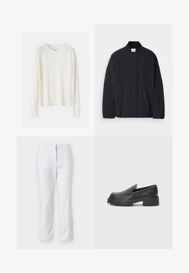 Must musta pikkade varrukatega jakk soonikkoes, peidetud esikinnis, ja diskreetne brändi silt alumisel äärel, asetatud tasasele valgele taustale.; Kerge, kreemivärvi sviiter pikemate varrukatega, soonikkrae ja alumise äärega, valmistatud pehmest kudumismaterjalist, millel on lihtne disain.; Valged puuvillased püksid sirge lõikega, keskmise kõrgusega vöökoht ja ilma nähtavate detailide või mustriteta. Ühtlane sile tekstuur.; Mustad nahast loafers ümarate varvastega, paksu tekstuuriga tald ja minimaalsete õmbluse detailidega. Viimistletud disain, kus pole nähtavaid paelu ega riistu.