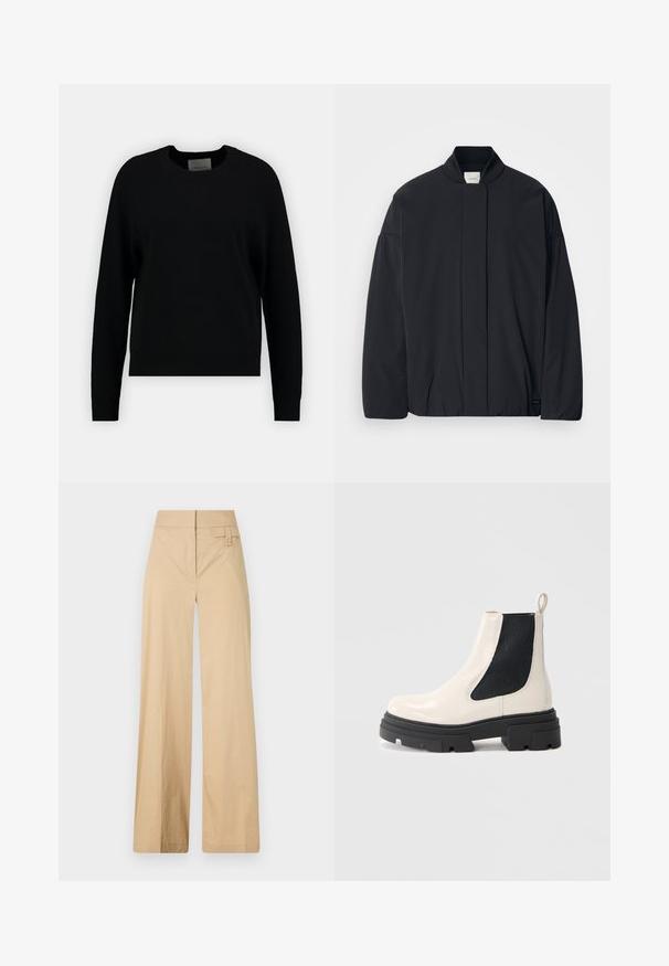 Giacca nera a maniche lunghe con colletto a coste, chiusura frontale nascosta e un'etichetta del marchio discreta sul fondo, posata su uno sfondo bianco.; Maglione nero a maglia con scollo rotondo, maniche lunghe a raglan e orlo a coste. Texture liscia, design minimale, senza pattern o dettagli visibili.; Pantaloni beige a gamba larga realizzati in tessuto misto cotone. Caratterizzati da una texture liscia, una vita elastica e un dettaglio con bottone laterale.; Stivale Chelsea in pelle crema con suola nera chunky e pannello laterale elastico nero su sfondo bianco semplice.