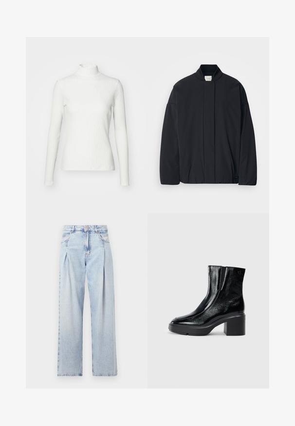 Svart langermet jakke med ribbestrikket krage, skjult frontlukking og subtil merkeetikett på bunnsømmen, lagt flatt på en hvit bakgrunn.; Hvit, ribbet høyhalset topp med lange ermer, laget av stretchy stoff. Har et tettsittende design og høy hals for dekning.; Lyseblå denimjeans med høy livlinje, vide ben, to sidelommer og plisserte detaljer. Myk tekstur med en falmet finish.; Sorte lakkskinn ankelstøvler med buet tå, elastiske sidestykker og en chunky klossheel. Har preget logo på baksiden.
