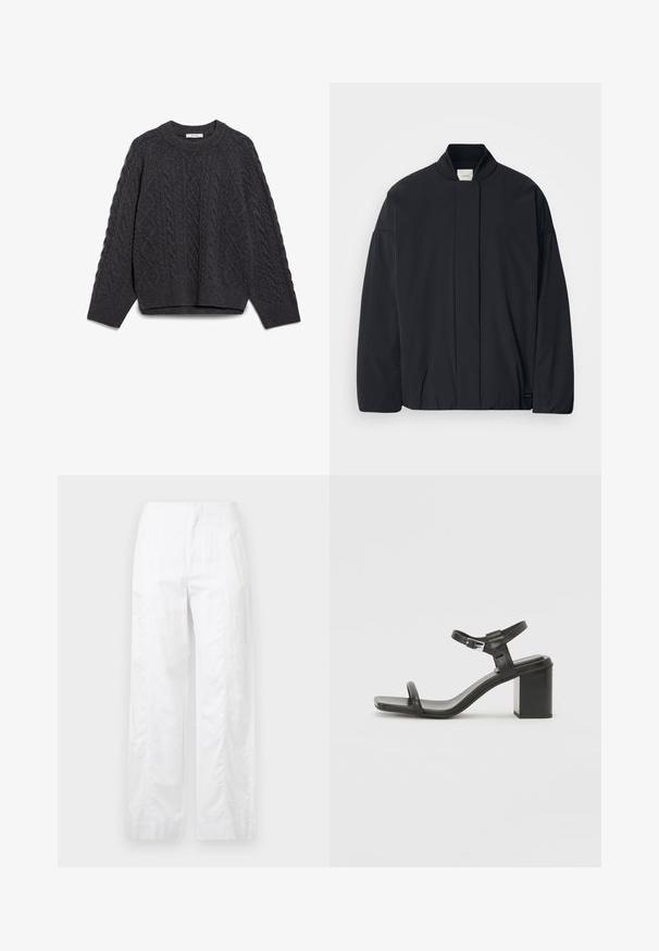Must musta pikkade varrukatega jakk soonikkoes, peidetud esikinnis, ja diskreetne brändi silt alumisel äärel, asetatud tasasele valgele taustale.; Tumehall villane sviiter, millel on kabelkootud muster ja soonikkoes varrukad ja alläär, asetatud tasasele pinnale.; Valged laiad püksid, mis on valmistatud kergetest materjalidest, omades siledat tekstuuri, puhtaid jooni ja kõrget vöökohta.; Must mustast blokknõgaga sandaalid, millel on lai rihm varvaste kohal ja reguleeritav pahkluurihm, omades stiilset ja minimalistlikku disaini.