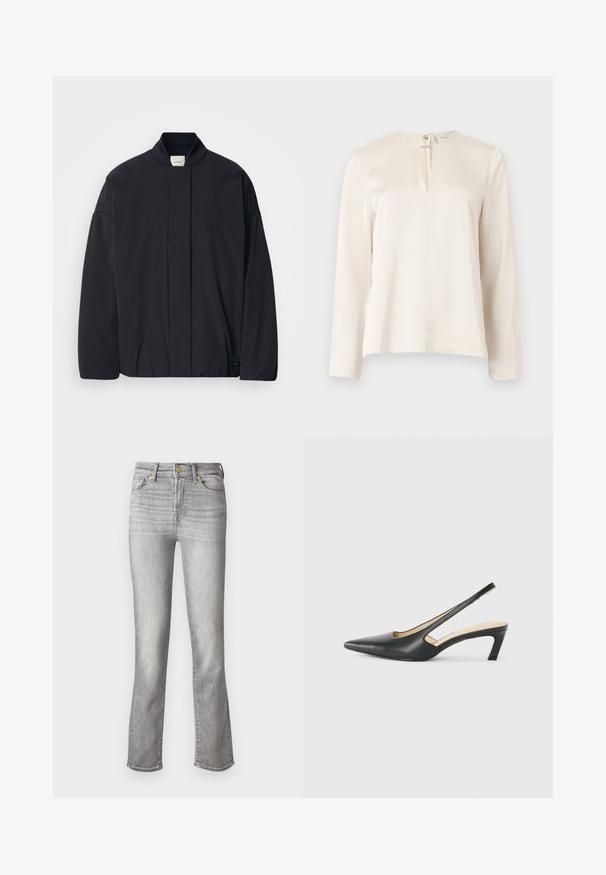 Svart langermet jakke med ribbestrikket krage, skjult frontlukking og subtil merkeetikett på bunnsømmen, lagt flatt på en hvit bakgrunn.; Kremfarget bluse med lange ermer, rund hals, frontfold og skjult glidelås bak. Glatt, silkeglatt tekstur.; Grå denimjeans med rett ben-design, med front knappelukking, fem lommer og subtil fading for tekstur.; Svart spiss tå slingback-sko med lav hæl, laget av jevnt skinnmateriale og med utskåret design på siden for pusteevne.