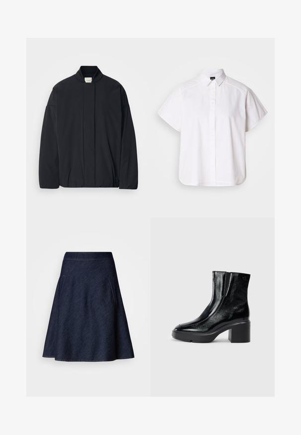 Black long-sleeve jacket with a ribbed collar, hidden front fastening, and subtle brand tag on the bottom hem, laid flat on a white background.; White short-sleeve button-up shirt with a pointed collar and curved hem. Made from cotton with a smooth texture and no visible patterns.; Dark denim A-line skirt featuring a mid-rise waistband, two side pockets, and contrasting stitching along the edges. Smooth texture.; Black patent leather ankle boots with a curved toe, elastic side panels, and a chunky block heel. Features embossed logo on the back.
