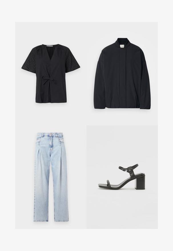 Μαύρο τζάκετ μακρυμάνικο με ριγωτό γιακά, κρυφή μπροστινή στήριξη και διακριτική ετικέτα μάρκας στο κάτω στρίφωμα, απλωμένο σε λευκό φόντο.; Μαύρο τοπ με V λαιμόκοψη, κοντά μανίκια και ζωνάκι στη μέση. Διαθέτει υφασμάτινη επιφάνεια με υφή και σχέδιο στα μανίκια, ενώ το σώμα είναι λείο.; Ανοιχτό μπλε τζιν παντελόνι με ψηλή μέση, φαρδιά γραμμή, δύο πλαϊνές τσέπες και σχέδιο με πτυχώσεις. Μαλακή υφή με ξεθωριασμένο φινίρισμα.; Μαύρη δερμάτινη σαγιονάρα με τακούνι τύπου μπλοκ και φαρδιά λωρίδα που διασχίζει τα δάχτυλα του ποδιού, καθώς και ρυθμιζόμενο λουράκι στον αστράγαλο, με κομψό και μίνιμαλ σχέδιο.