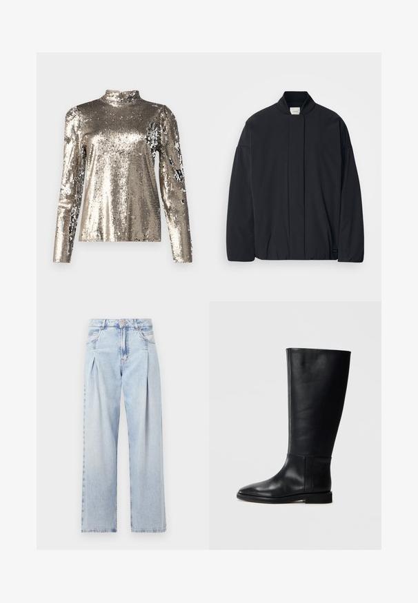 Veste noire à manches longues avec un col côtelé, fermeture frontale cachée et une étiquette de marque discrète au bas de l'ourlet, posée à plat sur un fond blanc.; Haut à manches longues et col haut recouvert de sequins argentés. Présente une texture lisse avec une silhouette ajustée et des détails de conception à épaules bouffantes.; Jeans en denim bleu clair avec taille haute, coupe large, deux poches latérales et design plissé. Texture douce avec une finition décolorée.; Botte en cuir noir, montant jusqu'au genou, avec un bout arrondi, texture lisse, design minimaliste et semelle plate. Détails de couture simples sur la tige.