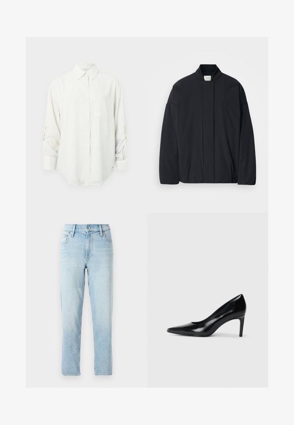 Black long-sleeve jacket with a ribbed collar, hidden front fastening, and subtle brand tag on the bottom hem, laid flat on a white background.; White long-sleeve button-up shirt with a collar, single chest pocket, and rolled-up sleeves. Soft, smooth fabric and relaxed fit.; Light blue denim jeans, straight-leg design, mid-rise waist, with five-pocket styling and a button closure at the front.; Black leather high heel shoe with a pointed toe, smooth texture, and a tapered heel. Minimalist design, no additional embellishments.