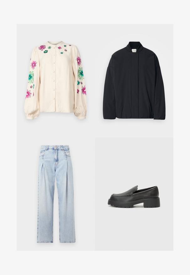 Giacca nera a maniche lunghe con colletto a coste, chiusura frontale nascosta e un'etichetta del marchio discreta sul fondo, posata su uno sfondo bianco.; Camicia color crema con scollo rotondo, maniche lunghe a sbuffo e vivace ricamo floreale in rosa e verde sulle spalle e sulle maniche.; Jeans in denim azzurro chiaro con vita alta, taglio a gamba larga, due tasche laterali e design plissettato. Texture morbida con una finitura sbiadita.; Mocassini in pelle nera con punta arrotondata, suola spessa e testurizzata, e minime cuciture. Design elegante senza lacci o parti metalliche visibili.