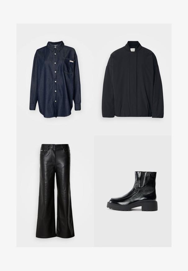 Czarna kurtka z długim rękawem, z ribbanym kołnierzem, ukrytym zapięciem z przodu i subtelną metką marki na dolnym brzegu, leżąca płasko na białym tle.; Ciemnoniebieska koszula zapinana na guziki z kołnierzykiem, długimi rękawami, jedną kieszenią na piersi oraz białymi detalami szwów.; Czarne skórzane spodnie typu wide-leg o gładkiej teksturze, z zapięciem na guzik z przodu, dwiema bocznymi kieszeniami i minimalistycznymi detalami przeszycia.; Czarne botki sięgające kostki o błyszczące wykończenie z lakierowanej skóry, masywna czarna gumowa podeszwa i podwyższony obcas; zawierają subtelny detal z logo z boku.