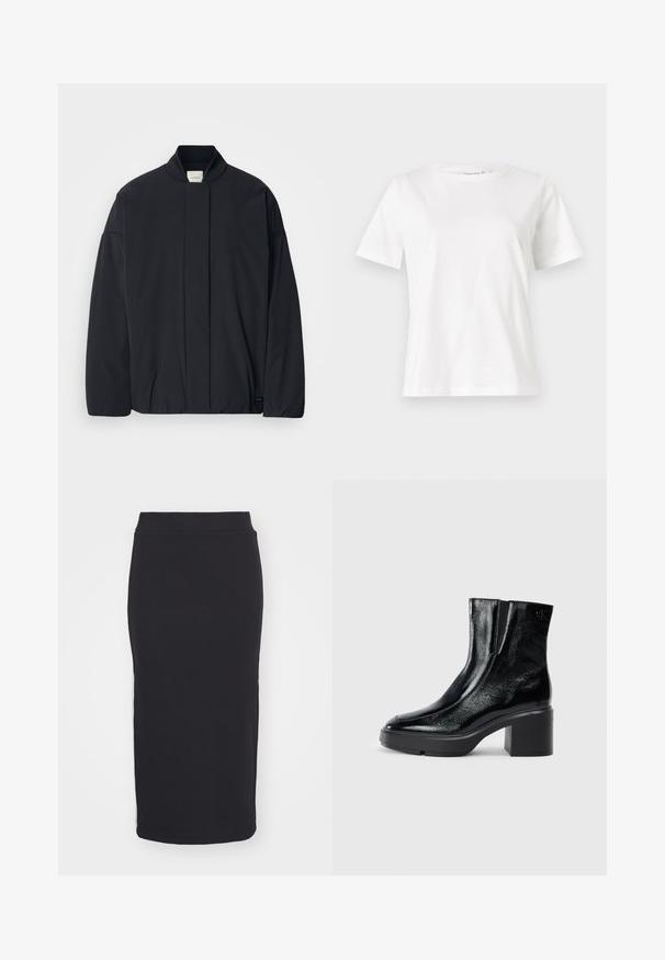 Čierna dlhá bundá s rebrovaným golierom, skrytým predným zapínaním a diskrétnou značkou na dolnom leme, položená na bielom pozadí.; Biela bavlnená tričko s krátkymi rukávmi, okrúhlym výstrihom a voľným strihom. Hladká textúra, bez vzorov alebo akcentov, minimalistický dizajn.; HUGO NINA - Puzdrová sukňa - black; Čierne lakované členkové topánky s zakrivenou špičkou, elastickými bočnými panelmi a masívnym blokovým opätkom. S embosovaným logom na zadnej strane.
