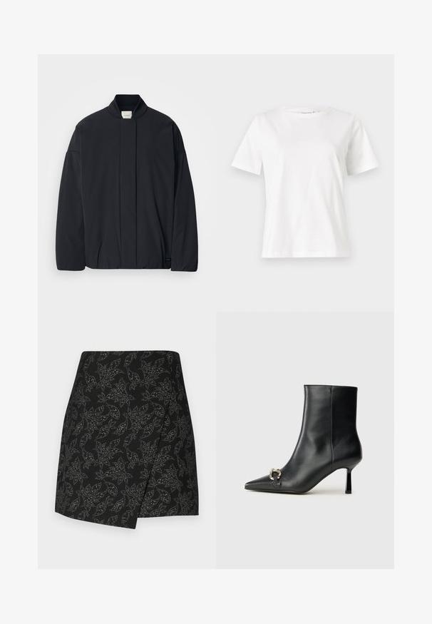 Svart langermet jakke med ribbestrikket krage, skjult frontlukking og subtil merkeetikett på bunnsømmen, lagt flatt på en hvit bakgrunn.; Hvit bomull t-skjorte med korte ermer, rund hals og avslappet passform. Glatt tekstur, ingen mønstre eller detaljer, minimalistisk design.; Svart skjørt med omslagdesign som har et bladmønster i sølvtoner. Glatt tekstur med en asymmetrisk nederkant, midt på låret.; Sorte lær ankle boot med spiss tå, slank mid-høyde hæl og sølvspenne på siden mot en enkel bakgrunn.
