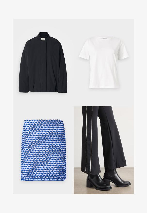Jachetă neagră cu mâneci lungi, cu guler ribbat, închidere frontală ascunsă și etichetă subtilă a brandului pe tivul de jos, așezată pe un fundal alb.; Tricou alb din bumbac cu mâneci scurte, guler rotund și o croială relaxată. Textură netedă, fără imprimeuri sau accente, design minimalist.; Fular tricotat cu un model albastru și alb, având o țesătură texturată și o formă rectangulară, dintr-un material ușor.; Bocanci de piele negri până la gleznă, cu toc pătrat, având panouri elastice pe laterale. Asortați cu pantaloni negri care au o dungi albă pe lateral.