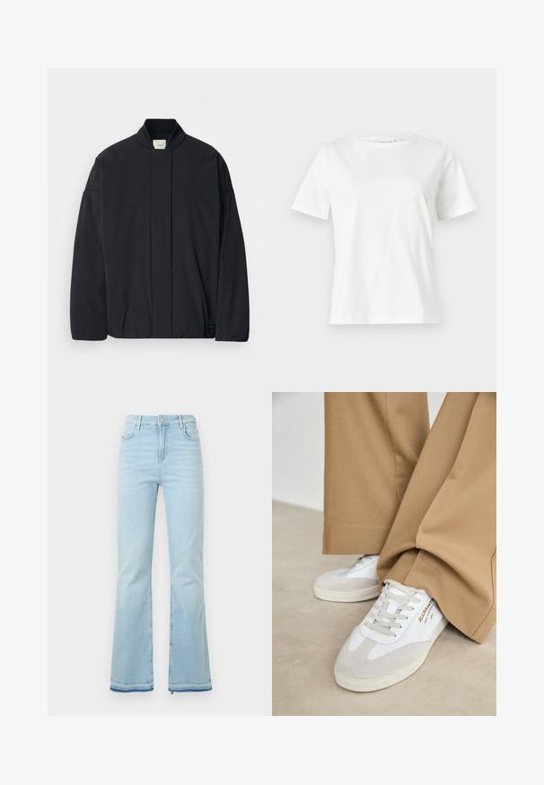 Casaco preto de mangas longas com colarinho canelado, fecho frontal oculto e uma etiqueta discreta da marca na bainha inferior, disposto plano sobre um fundo branco.; T-shirt de algodão branco com mangas curtas, decote redondo e um corte descontraído. Textura suave, sem padrões ou detalhes, design minimalista.; Jeans flare azul claro feitos de denim, com uma cintura alta, bolsos frontais e uma bainha desgastada nas bainhas para um look casual.; Tênis brancos com detalhes em camurça, atacadores texturizados e sola de borracha. Combinados com calças largas cor bege. Logótipo exibido na lateral.