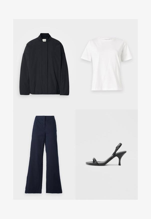 Crna jakna dugih rukava s rebrastim ovratnikom, skrivenim prednjim zatvaranjem i diskretnom etiketom branda na donjem rubu, položena ravno na bijeloj pozadini.; Bijela pamučna majica s kratkim rukavima, okruglim izrezom i opuštenim krojem. Glatka tekstura, bez uzoraka ili akcenata, minimalistički dizajn.; Tamno plave hlače širokog kroja izrađene od mješavine pamuka, sa glatkom teksturom, ravnim prednjim pojasom i obrubljenim rubovima.; Crne kožne sandale na visoku petu s tankom, zakrivljenom petom i dizajnom prekriženih traka. Podesiva traka oko gležnja. Glatka tekstura.
