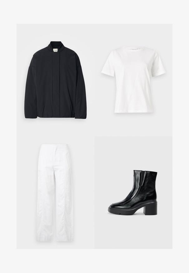 Melnas garās piedurknes jakas ar ribotu apkakli, slēptu priekšpuses aizdari un smalku zīmola etiķeti apakšējā apmalē, izvietota uz baltas fona.; Baltas kokvilnas T-krekls ar īsām piedurknēm, apaļu kakla izgriezumu un brīvu piegriezumu. Gluda tekstūra, bez rakstiem vai akcentiem, minimālistisks dizains.; Baltas, plaša kāju bikses, izgatavotas no viegla auduma, ar gludu tekstūru, tīrām līnijām un augstu jostasvietu.; Melnas lakotas ādas potītes zābaki ar izliekto purngalu, elastīgām sānu paneļiem un masīvu blokveida papēdi. Aizmugurē ir izsistā logo.