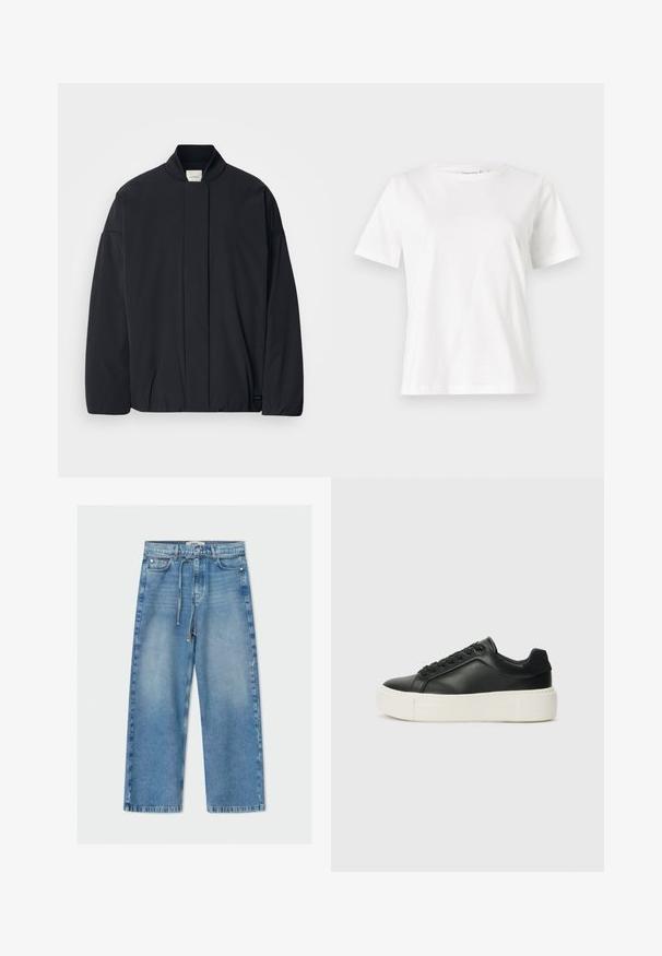 Črno dolg rokav jakna z rebrastim ovratnikom, skrito sprednje zapiranje in subtilna oznaka blagovne znamke na spodnjem robu, razporejena na belem ozadju.; Bela bombažna majica s kratkimi rokavi, okroglo izrezana in ohlapnega kroja. Gladka tekstura, brez vzorcev ali dodatkov, minimalističen dizajn.; Svijetloplave široke traperice s visokim strukom, vezicom, dizajnom s pet džepova i detaljem sirovog rubа.; Črne usnjene superge z zaobljenim prstom, belim platformskim podplatom in črnimi vezalkami. Imajo subtilen logotip na peti in gladko teksturo.
