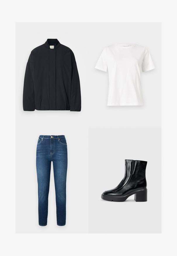 Casaco preto de mangas longas com colarinho canelado, fecho frontal oculto e uma etiqueta discreta da marca na bainha inferior, disposto plano sobre um fundo branco.; T-shirt de algodão branco com mangas curtas, decote redondo e um corte descontraído. Textura suave, sem padrões ou detalhes, design minimalista.; Calças de ganga de denim azul-escuro com cintura alta, pernas ajustadas e fecho de botão. Apresenta desbotamento subtil e sem padrões ou adornos visíveis.; Botas de tornozelo de verniz preto com ponta curva, painéis laterais elásticos e um salto quadrado robusto. Apresenta um logotipo em relevo na parte de trás.