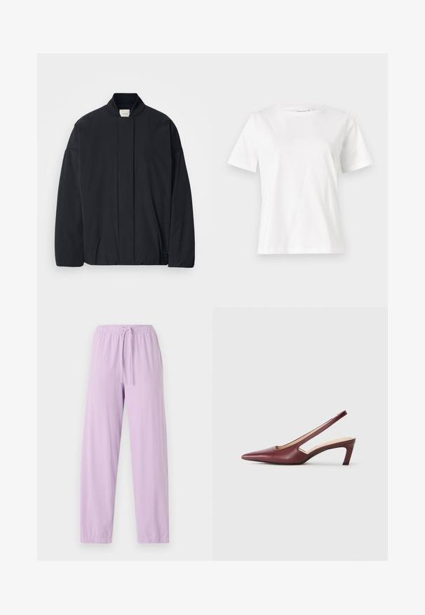 Juodas ilgarankovis švarkas su raštuota apykakle, užslėptu priekiu užsegimu ir subtilia prekės etiketė apačioje, padėtas ant baltos fono.; Balta medvilninė marškinėliai trumpomis rankovėmis, su apvalia iškirpte ir laisvu siluetu. Lygi tekstūra, be raštų ar akcentų, minimalistinis dizainas.; Šviesiai purpurinės sportinės kelnės, pagamintos iš minkštos medžiagos, su elastinga juosmens juosta ir reguliuojamu raišteliu; siaurėjantis kojų dizainas.; Burgundiškai raudoni slingback aukštakulniai bateliai su smailiu pirštu, išpjovimais šonuose ir vidutinio aukščio blokiniu kulnu. Lygus odos paviršius.