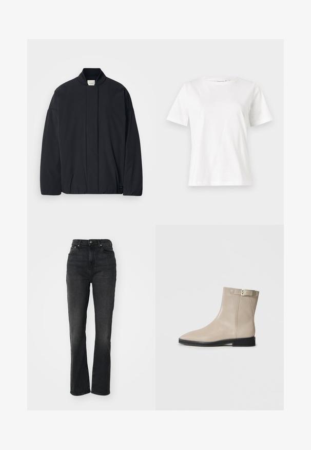 Crna jakna dugih rukava s rebrastim ovratnikom, skrivenim prednjim zatvaranjem i diskretnom etiketom branda na donjem rubu, položena ravno na bijeloj pozadini.; Bijela pamučna majica s kratkim rukavima, okruglim izrezom i opuštenim krojem. Glatka tekstura, bez uzoraka ili akcenata, minimalistički dizajn.; Crne traperice visokog struka s ravnim nogavicama, dizajn s pet džepova, prednje kopčanje na dugme i minimalni detalji šivanja.; Bež kožne čizme do gležnja s šiljastim vrhom, crnom potplatom, niskom petom i zlatnom kopčom s vanjske strane, prikazane na bijeloj pozadini.