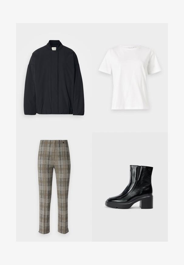 Black long-sleeve jacket with a ribbed collar, hidden front fastening, and subtle brand tag on the bottom hem, laid flat on a white background.; White cotton t-shirt with short sleeves, round neckline, and a relaxed fit. Smooth texture, no patterns or accents, minimalistic design.; Checkered trousers with a gray, black, and yellow pattern, tailored fit, front zip closure, and subtle ankle slits at the hem.; Black patent leather ankle boots with a curved toe, elastic side panels, and a chunky block heel. Features embossed logo on the back.