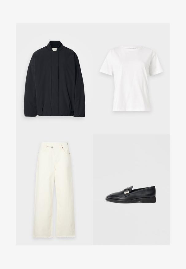 Czarna kurtka z długim rękawem, z ribbanym kołnierzem, ukrytym zapięciem z przodu i subtelną metką marki na dolnym brzegu, leżąca płasko na białym tle.; Biała bawełniana koszulka z krótkim rękawem, okrągłym dekoltem i luźnym krojem. Gładka tekstura, brak wzorów lub dodatków, minimalistyczny design.; Szerokie, kremowe dżinsy wykonane z denimu, z wysokim stanem, pięcioma kieszeniami i surowym dołem, zapewniające luźny fason.; Czarne skórzane mokasyny z prostokątną srebrną klamrą na górze i niskim obcasem na białym tle.