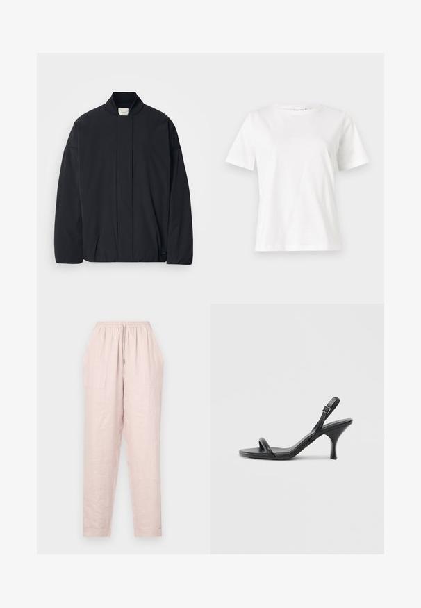 Black long-sleeve jacket with a ribbed collar, hidden front fastening, and subtle brand tag on the bottom hem, laid flat on a white background.; White cotton t-shirt with short sleeves, round neckline, and a relaxed fit. Smooth texture, no patterns or accents, minimalistic design.; Light pink linen trousers with a drawstring waist, side pockets, and a loose fit. Hem is tapered with a smooth texture.; Black leather high-heeled sandals with a slim, curved heel and a crossed strap design. Adjustable ankle strap. Smooth texture.