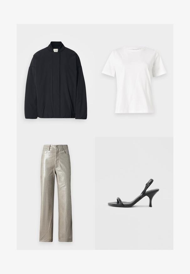 Melnas garās piedurknes jakas ar ribotu apkakli, slēptu priekšpuses aizdari un smalku zīmola etiķeti apakšējā apmalē, izvietota uz baltas fona.; Baltas kokvilnas T-krekls ar īsām piedurknēm, apaļu kakla izgriezumu un brīvu piegriezumu. Gluda tekstūra, bez rakstiem vai akcentiem, minimālistisks dizains.; Krokodila raksta, gaiši pelēkas mākslīgās ādas bikses ar taisnu kāju, priekšējām kabatām, jostu cilpiņām un pogu aizdari jostasvietā.; Melnas ādas augstpapēžu sandales ar plānu, izliekta formas papēdi un krustenisku siksnu dizainu. Regulējama potītes siksna. Gluda tekstūra.