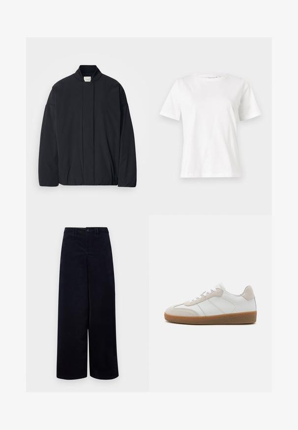 Zwarte lange mouwen jas met een geribde kraag, verborgen sluiting aan de voorkant en een subtiele merketiket op de onderrand, plat gelegd op een witte achtergrond.; Witte katoenen t-shirt met korte mouwen, ronde halslijn en een ontspannen pasvorm. Gladde textuur, geen patronen of accenten, minimalistisch ontwerp.; Navy wijde beenbroek van gestructureerde stof. Voorzien van een sluiting met knoop aan de voorkant, riemlussen en zakken aan beide zijden.; Witte leren sneakers met beige suède accenten, een gestructureerde tong en een rubberen zool. Voorzien van witte veters en subtiele gestikte details.