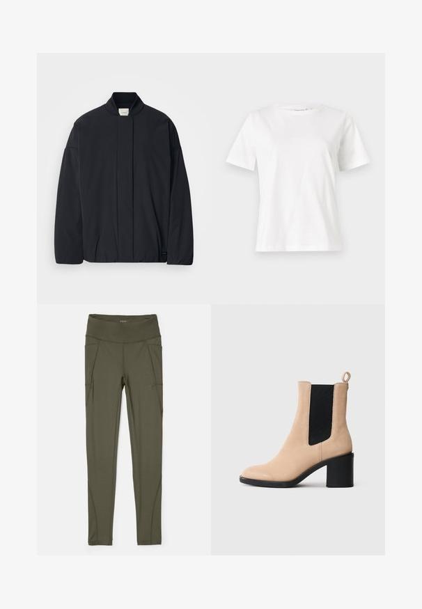 Giacca nera a maniche lunghe con colletto a coste, chiusura frontale nascosta e un'etichetta del marchio discreta sul fondo, posata su uno sfondo bianco.; T-shirt bianca in cotone con maniche corte, scollatura rotonda e vestibilità rilassata. Struttura liscia, senza motivi né accenti, design minimalista.; Leggings verde oliva realizzati in tessuto elastico, con vita alta, tasche laterali e cuciture senza soluzione di continuità per un aspetto liscio.; Stivaletto in suede beige con tacco a blocco, dotato di un inserto elastico nero e una linguetta sul retro. Texture liscia e design a punta arrotondata.