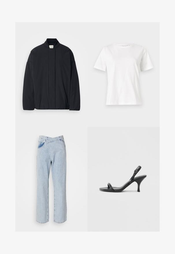 Black long-sleeve jacket with a ribbed collar, hidden front fastening, and subtle brand tag on the bottom hem, laid flat on a white background.; White cotton t-shirt with short sleeves, round neckline, and a relaxed fit. Smooth texture, no patterns or accents, minimalistic design.; Light blue denim jeans with a relaxed fit, wide leg design, visible stitching, and belt loops. Features two side pockets.; Black leather high-heeled sandals with a slim, curved heel and a crossed strap design. Adjustable ankle strap. Smooth texture.