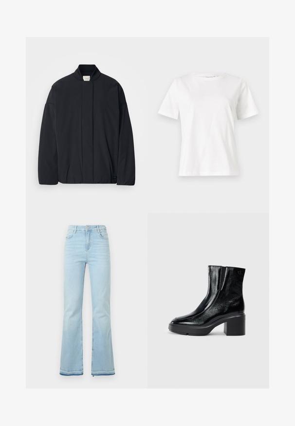 Black long-sleeve jacket with a ribbed collar, hidden front fastening, and subtle brand tag on the bottom hem, laid flat on a white background.; White cotton t-shirt with short sleeves, round neckline, and a relaxed fit. Smooth texture, no patterns or accents, minimalistic design.; Light blue flared jeans made of denim, featuring a high waist, front pockets, and a raw hem at the cuffs for a casual look.; Black patent leather ankle boots with a curved toe, elastic side panels, and a chunky block heel. Features embossed logo on the back.
