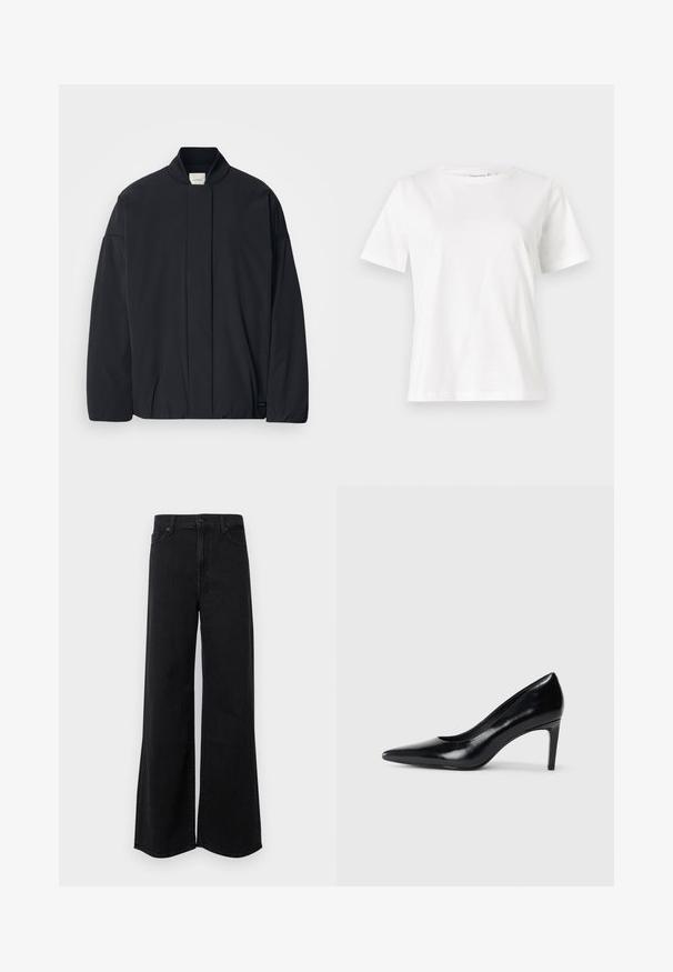 Svart langermet jakke med ribbestrikket krage, skjult frontlukking og subtil merkeetikett på bunnsømmen, lagt flatt på en hvit bakgrunn.; Hvit bomull t-skjorte med korte ermer, rund hals og avslappet passform. Glatt tekstur, ingen mønstre eller detaljer, minimalistisk design.; Bredde ben svarte denim-jeans med høy midje, med knappestolpe, frontlommer og en ren finish i kantene.; Sorte skinnhøye hæler med spiss tå, glatt tekstur og avsmalnet hæl. Minimalistisk design, ingen ekstra dekorasjoner.