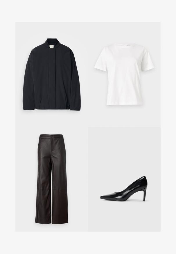 Czarna kurtka z długim rękawem, z ribbanym kołnierzem, ukrytym zapięciem z przodu i subtelną metką marki na dolnym brzegu, leżąca płasko na białym tle.; Biała bawełniana koszulka z krótkim rękawem, okrągłym dekoltem i luźnym krojem. Gładka tekstura, brak wzorów lub dodatków, minimalistyczny design.; Malina FELISE ciemnobrązowy; Czarna skórzana szpilka z ostrym noskiem, gładką fakturą i zwężającym się obcasem. Minimalistyczny design, bez dodatkowych zdobień.