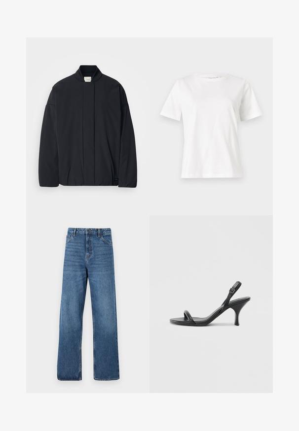 Casaco preto de mangas longas com colarinho canelado, fecho frontal oculto e uma etiqueta discreta da marca na bainha inferior, disposto plano sobre um fundo branco.; T-shirt de algodão branco com mangas curtas, decote redondo e um corte descontraído. Textura suave, sem padrões ou detalhes, design minimalista.; Jeans de ganga azul de cintura alta com design de perna larga, apresentando uma textura suave, detalhes mínimos de costura e estilo clássico de cinco bolsos.; Sandálias de salto alto em couro preto com um salto curvado e fino e um design de tiras cruzadas. Correia ajustável no tornozelo. Textura suave.