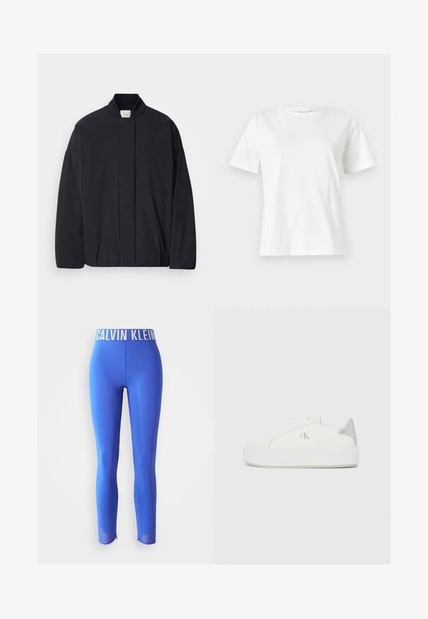 Črno dolg rokav jakna z rebrastim ovratnikom, skrito sprednje zapiranje in subtilna oznaka blagovne znamke na spodnjem robu, razporejena na belem ozadju.; Bela bombažna majica s kratkimi rokavi, okroglo izrezana in ohlapnega kroja. Gladka tekstura, brez vzorcev ali dodatkov, minimalističen dizajn.; Modre aktivne legice, narejene iz gladkega materiala, s širokim belim pasom z logotipom in mrežastimi poudarki na spodnjem delu noge z zadrgami.; Bele platnene superge z debelim belim podplatom, ki imajo kovinsko srebrno obrobo na peti in subtilen logotip na strani.