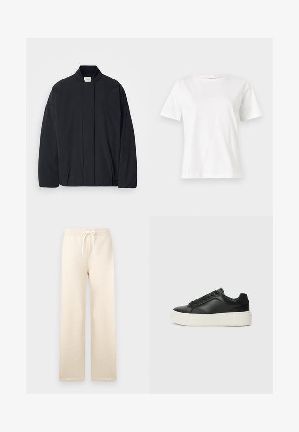 Chaqueta negra de manga larga con cuello acanalado, cierre frontal oculto y sutil etiqueta de la marca en el dobladillo inferior, colocada plana sobre un fondo blanco.; Camiseta de algodón blanca de manga corta, con cuello redondo y un corte relajado. Textura suave, sin patrones ni acentos, diseño minimalista.; Pantalones de chándal de color crema, fabricados en una tela suave, con una cinturilla elástica y cordón de ajuste, pernera ancha y sin patrones visibles.; Zapatilla de cuero negro con punta redondeada, suela de plataforma blanca y cordones negros. Presenta un sutil logo en el talón y una textura suave.