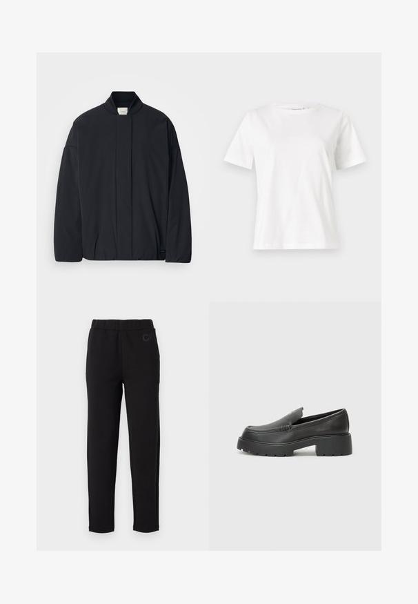 Svart langermet jakke med ribbestrikket krage, skjult frontlukking og subtil merkeetikett på bunnsømmen, lagt flatt på en hvit bakgrunn.; Hvit bomull t-skjorte med korte ermer, rund hals og avslappet passform. Glatt tekstur, ingen mønstre eller detaljer, minimalistisk design.; Sorte joggebukser med elastisk midjebånd, laget av myk stoff. Har en subtil "CK" logo foran. Rett ben design.; Sorte skinnloafers med rund tå, tykk teksturert såle og minimale sømdetaljer. Strømlinjeformet design uten synlige snørebånd eller hardvarer.