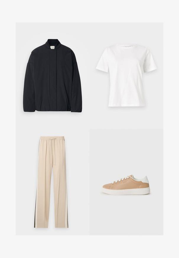 Black long-sleeve jacket with a ribbed collar, hidden front fastening, and subtle brand tag on the bottom hem, laid flat on a white background.; White cotton t-shirt with short sleeves, round neckline, and a relaxed fit. Smooth texture, no patterns or accents, minimalistic design.; Beige wide-leg pants with an elastic waistband and drawstring, featuring black and white side stripes on each leg. Smooth fabric texture.; Beige leather sneaker with white accents, round toe, flat sole, and contrasting stitching details. Lace-up closure with six eyelets.