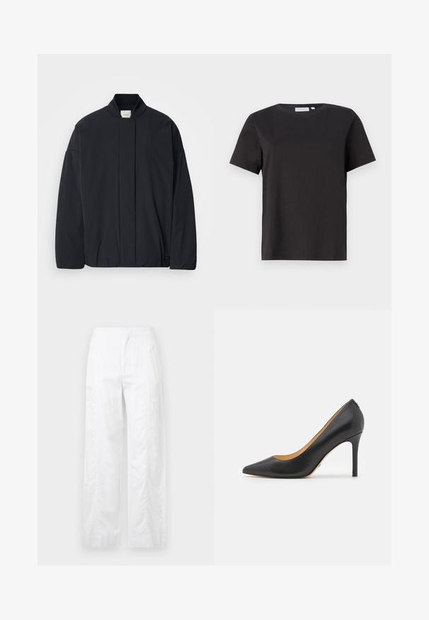 Crna jakna dugih rukava s rebrastim ovratnikom, skrivenim prednjim zatvaranjem i diskretnom etiketom branda na donjem rubu, položena ravno na bijeloj pozadini.; Crna pamučna majica s kratkim rukavima, okruglim izrezom i jednostavnim, čistim dizajnom. Nema vidljivih uzoraka ili ukrasa.; Bijele široke hlače od laganog materijala, s glatkom teksturom, čistim linijama i visokim strukom.; Crne kožne visoke potpetice s oštrim nosom i stiletto potpeticom, s glatkom teksturom i minimalističkim dizajnom. Unutrašnjost obložena u boji kože.