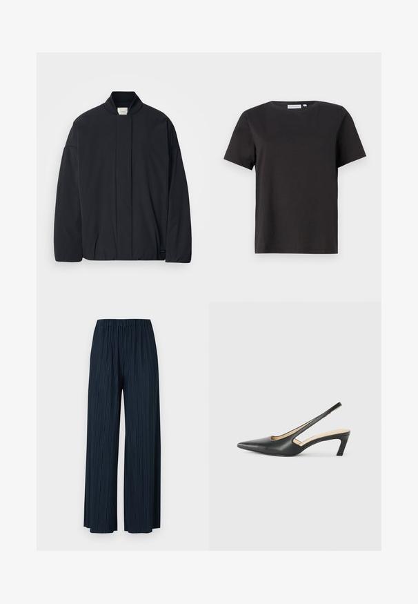 Schwarze Jacke mit langen Ärmeln, geripptem Kragen, verstecktem Frontverschluss und dezentem Markenetikett am unteren Saum, flach auf einem weißen Hintergrund ausgelegt.; Schwarzes Baumwoll-T-Shirt mit kurzen Ärmeln, Rundhalsausschnitt und einem einfachen, klaren Design. Keine sichtbaren Muster oder Verzierungen.; Marineblaue, weit geschnittene, plissierte Hosen mit elastischem Bund. Sie verfügen über vertikale Streifen und eine weiche Textur für Komfort. Keine Taschen.; Schwarzer spitz zulaufender Slingback-Schuh mit niedrigem Absatz, der aus glattem Leder gefertigt ist und seitliche Ausschnitte für Atmungsaktivität aufweist.
