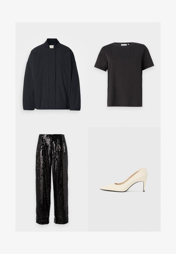 Black long-sleeve jacket with a ribbed collar, hidden front fastening, and subtle brand tag on the bottom hem, laid flat on a white background.; Black cotton t-shirt with short sleeves, a crew neckline, and a simple, clean design. No visible patterns or embellishments.; Sequin black trousers with wide-leg design, featuring shiny, reflective surfaces and a smooth texture, finished with a clean hem.; White leather high-heeled pump with a pointed toe, smooth texture, and black sole accent. Classic design with a moderate heel height.