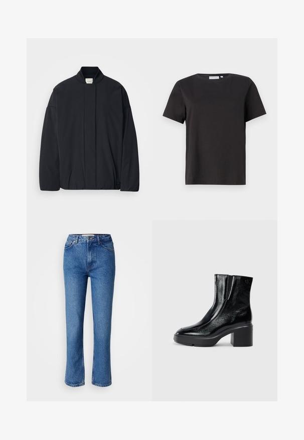 Črno dolg rokav jakna z rebrastim ovratnikom, skrito sprednje zapiranje in subtilna oznaka blagovne znamke na spodnjem robu, razporejena na belem ozadju.; Črna bombažna majica s kratkimi rokavi, okroglim izrezom in preprostim, čistim dizajnom. Brez vidnih vzorcev ali okraskov.; Modra traper hlače s ravnim krojem, ki vključujejo klasičen dizajn s petimi žepi, oranžnim šivanjem in zapiranjem na gumb.; Črne lakirane gležnjarje z ukrivljenim nosom, elastičnimi stranskimi paneli in debelim blokastim peto. Imajo vtisnjen logotip na zadnjem delu.