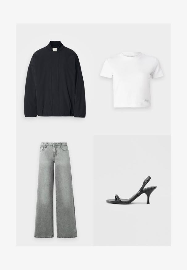 Black long-sleeve jacket with a ribbed collar, hidden front fastening, and subtle brand tag on the bottom hem, laid flat on a white background.; White cropped t-shirt made of smooth cotton, featuring a high neckline and short sleeves. Small embroidered logo in the bottom corner.; Gray wide-leg jeans made of denim, featuring five pockets, a high waist, and a slightly faded finish with visible stitching.; Black leather high-heeled sandals with a slim, curved heel and a crossed strap design. Adjustable ankle strap. Smooth texture.