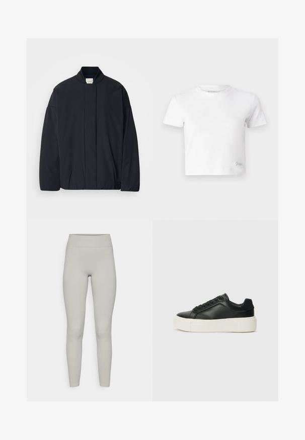 Fekete, hosszú ujjú dzseki bordás gallérral, rejtett előlapi záródással és diszkrét márkajelzéssel az alján, fehér háttéren elhelyezve.; Fehér, rövid szabású, sima pamut póló, magas nyakkivágással és rövid ujjakkal. Kicsi hímzett logó az alsó sarokban.; Csíkozott leggings világosszürke színben, magas derékkal, testhez simuló kialakítással és sima textúrával. Nincsenek látható minták vagy kiegészítők.; Fekete bőr sportcipő lekerekített orral, fehér platformtalppal és fekete fűzőkkel. Diszkrét logó található a sarokon és sima felülete van.