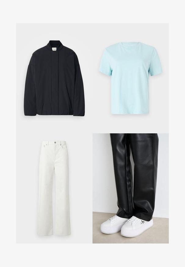 Svart langermet jakke med ribbestrikket krage, skjult frontlukking og subtil merkeetikett på bunnsømmen, lagt flatt på en hvit bakgrunn.; Lyseblå bomulls t-skjorte med korte ermer, rund hals og subtilt brodert 'Calvin Klein' logo foran.; Samsøe Samsøe SHELLY - Jeans relaxed fit - clear cream; Hvite sneakers laget av teksturert, glatt skinn. Har tykke såler og en subtil logo på siden. Kombinert med svarte bukser i kunstskinn.