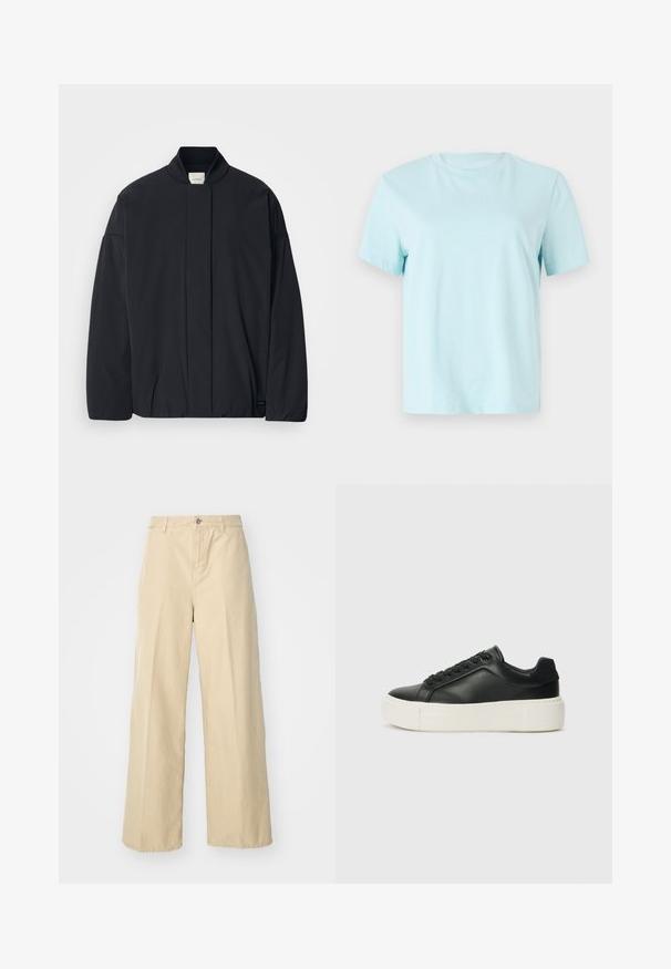 Crna jakna dugih rukava s rebrastim ovratnikom, skrivenim prednjim zatvaranjem i diskretnom etiketom branda na donjem rubu, položena ravno na bijeloj pozadini.; Svijetloplavi pamukasti majica s kratkim rukavima, okruglim izrezom i suptilnim izvezenim logotipom 'Calvin Klein' na prednjoj strani.; Bež hlače širokih nogavica od pamuka, s prednjim zatvaranjem na gumb, petljama za remen i teksturiranim materijalom.; Crne kožne tenisice sa zaobljenim vrhom, bijelom platformom i crnim vezicama. Imaju suptilan logo na peti i glatku teksturu.
