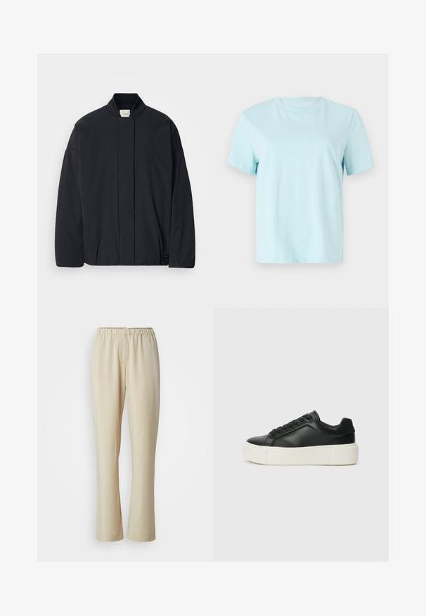 Črno dolg rokav jakna z rebrastim ovratnikom, skrito sprednje zapiranje in subtilna oznaka blagovne znamke na spodnjem robu, razporejena na belem ozadju.; Svjetloplavi pamučni majica s kratkim rukavima, okruglim izrezom i suptilnim vezom 'Calvin Klein' na prednjoj strani.; Bež hlače iz lahkega materiala z elastičnim pasom, ravnimi nogami in gladko teksturo, brez vidnih vzorcev ali dodatkov.; Črne usnjene superge z zaobljenim prstom, belim platformskim podplatom in črnimi vezalkami. Imajo subtilen logotip na peti in gladko teksturo.