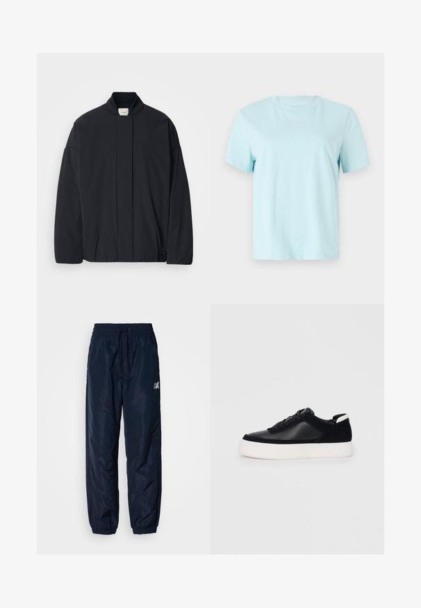 Schwarze Jacke mit langen Ärmeln, geripptem Kragen, verstecktem Frontverschluss und dezentem Markenetikett am unteren Saum, flach auf einem weißen Hintergrund ausgelegt.; Hellblaues Baumwoll-T-Shirt mit kurzen Ärmeln, einem Rundhalsausschnitt und dezentem, auf der Vorderseite eingesticktem 'Calvin Klein'-Logo.; Marineblaue Windbreaker-Hosen aus glänzendem synthetischem Material, mit elastischem Bund und Zugband, mit Bündchen an den Säumen und Logo-Akzent.; Schwarze Sneakers mit glattem Leder und Wildleder-Einsätzen, flachen Schnürsenkeln, runder Zehenpartie und einer weißen Gummisohle. Deutliches Logo an der Ferse.