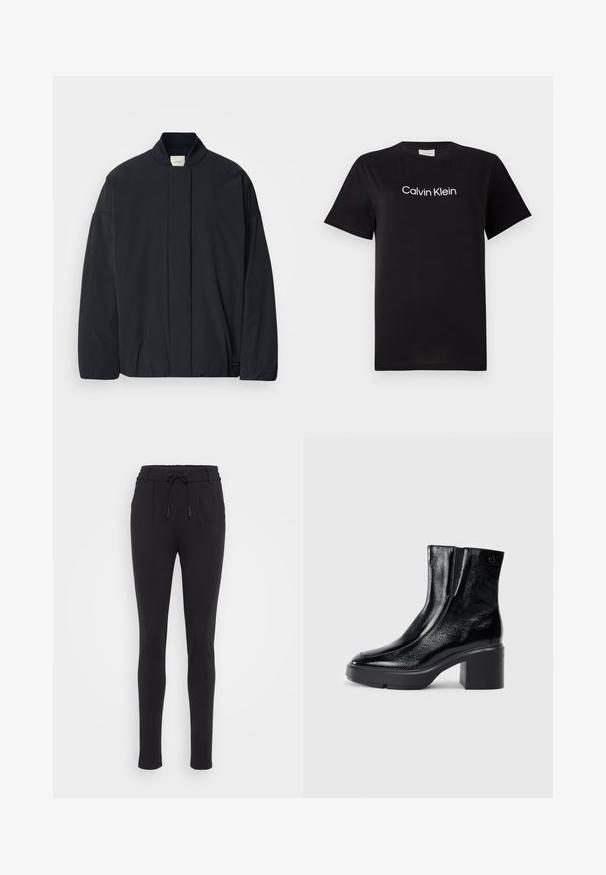 Sort langærmet jakke med ribbet krave, skjult lynlås foran og subtilt mærke på den nederste søm, lagt fladt på en hvid baggrund.; Sort bomulds T-shirt med korte ærmer, med et hvidt logo "Calvin Klein" trykt på brystet. Klassisk runde halsdesign.; Sorte, tapered joggers lavet af et blødt, strækbart stof. Har en elastisk talje med snøre og sidelommer. Glat tekstur.; Sorte patenterede læderankelstøvler med en buet tå, elastiske sidepaneler og en kraftig blokhæl. Har et præget logo på bagsiden.