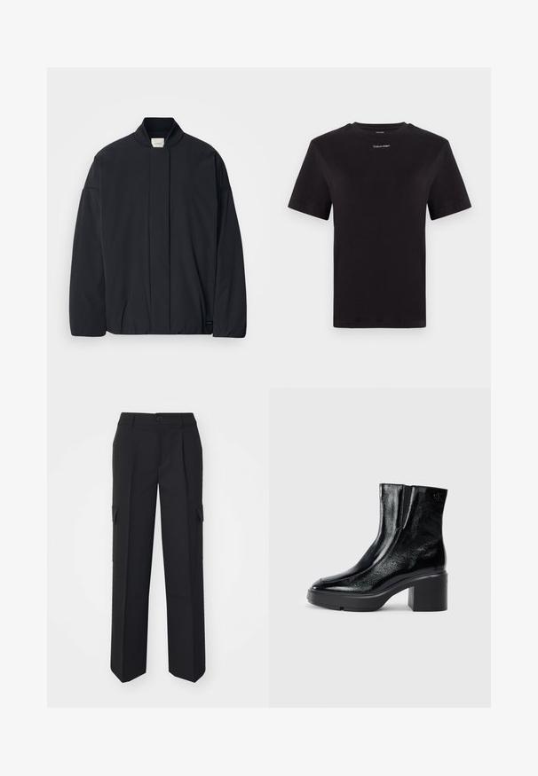 Casaco preto de mangas longas com colarinho canelado, fecho frontal oculto e uma etiqueta discreta da marca na bainha inferior, disposto plano sobre um fundo branco.; T-shirt preta de algodão com mangas curtas, decote redondo e pequeno logótipo branco "Calvin Klein" no peito. Textura suave, ajuste clássico.; Calças cargo pretas com um design de perna reta, apresentando bolsos laterais, um fecho frontal com botão e feitas de um tecido estruturado.; Botas de tornozelo de verniz preto com ponta curva, painéis laterais elásticos e um salto quadrado robusto. Apresenta um logotipo em relevo na parte de trás.
